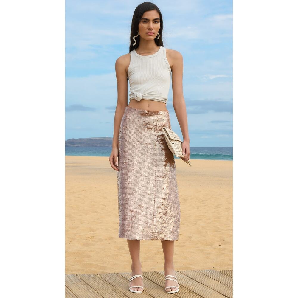 Madewell Sequin Embellished Midi Pencil Skirt Taupe Glam Cocktail Party Size 2